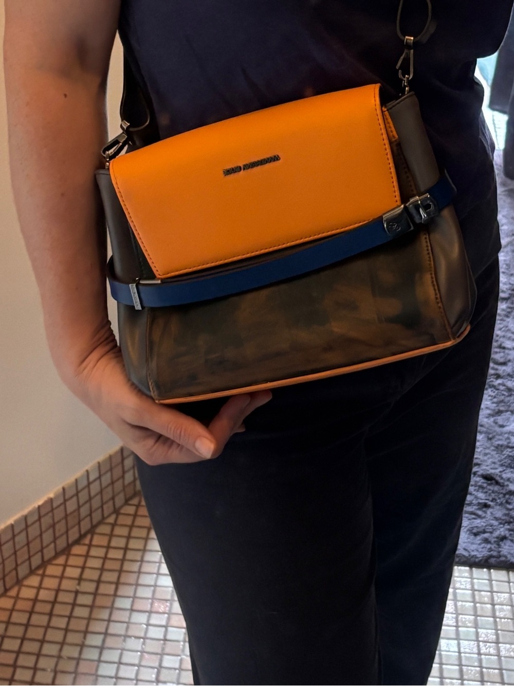 Colorblock Leather Crossbody Bag in Orange, Blue and Brown